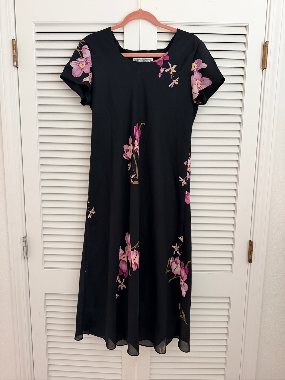Jessica Howard Black Midi Dress with Pink Floral Orchids